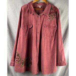 Woman Within Corduroy Shirt 3X Pink Embroidered Floral Boho Western Fall